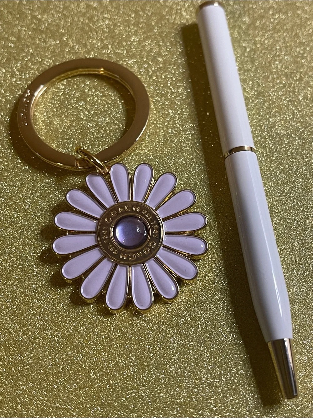 Coach Lavender Daisy Keyring with Gold-Tone Ring and Coach Pen